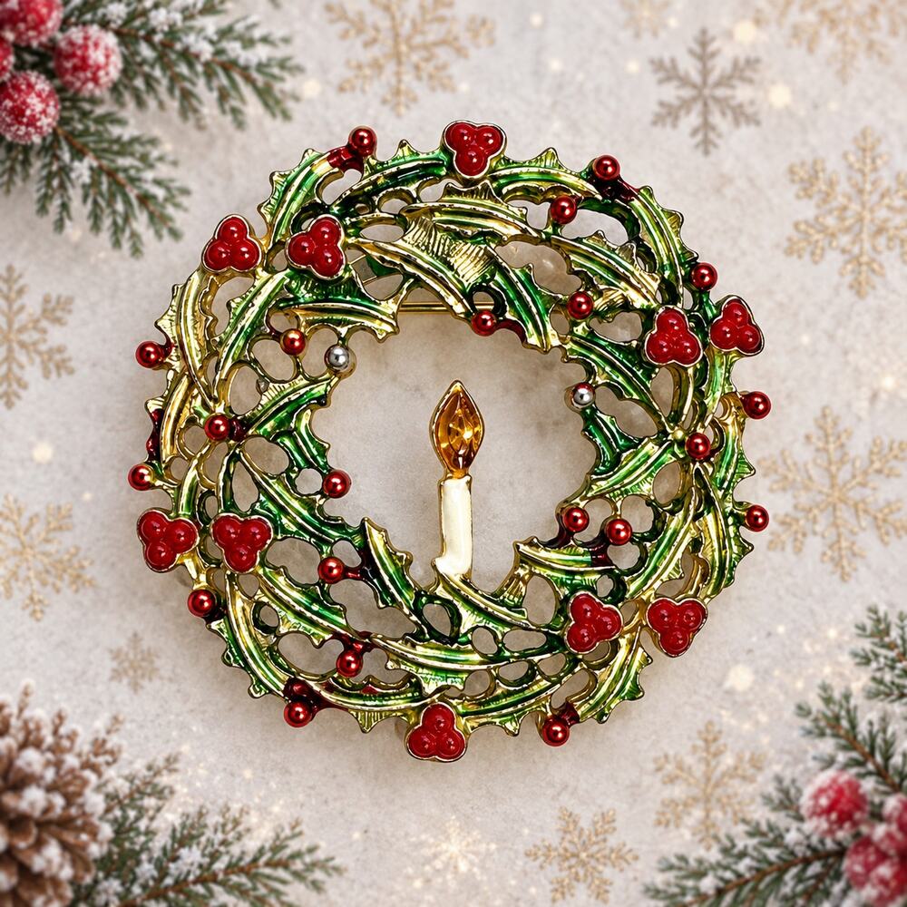 Vintage Holly Wreath Brooch Candle Green Enamel Christmas Gold Tone Pin CP262